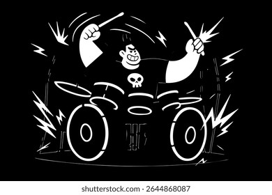 
drummer rocker black and white illustration vector cartoon