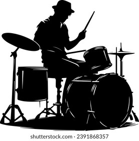 Drummer Silhouette, Drummer With Drums Silhouette Vector Illustration