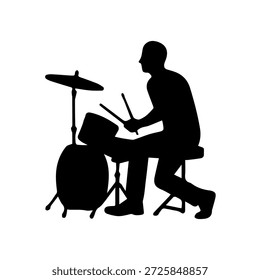 Drummer silhouette playing drum kit and cymbal for music performance