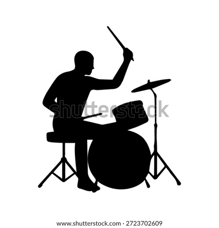 Drummer silhouette playing drum kit and cymbal for music performance