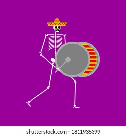 Drummer Skeleton and big drum. Dead man with musical instrument. Dead music band. Skull in sombrero. Day of dead in mexico.