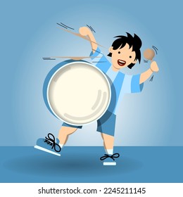 Drummer. A smiling guy in a striped t-shirt is beating a bass drum and cymbals on a blue background. Flat character design. Vector.