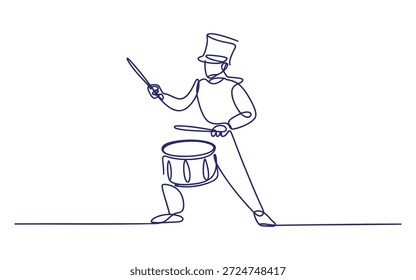Un baterista en un sombrero alto tocando un tambor de caja con baquetas