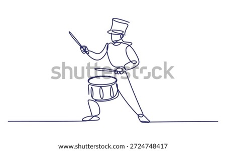 A drummer in a tall hat playing a snare drum with drumsticks