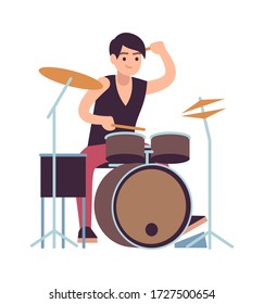 Drummer. Young man playing on drums, vector cartoon rock and pop drumming musician and instrument