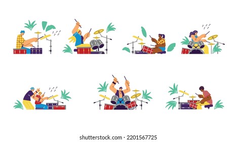 Drummers male and female cartoon characters set, flat vector illustration isolated on white background. People performing music on drumming and percussion instruments.