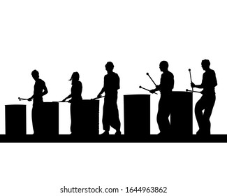 Drummers play on large iron barrels. Isolated silhouettes on white background