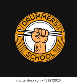 drummers school emblem, fist hold drum sticks, "drummers school" lettering, vector graphic art shape, color badge retro style design logo, illustration isolated on black background.
