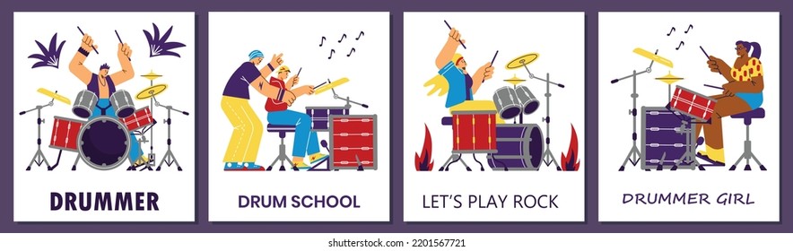 Drumming class banners or posters set with male and female drummers cartoon characters, flat vector illustration. Learning to play percussion instruments.