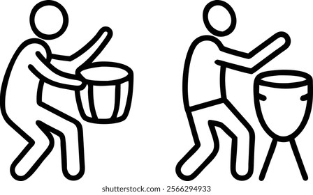 Drumming Icon Set Featuring Percussionists and Hand Drums in Minimalist Line Art