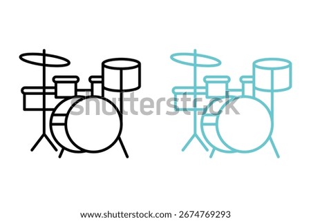 Drums black and cyan line icon. Striking black drum kit. Drum tree logo. Vector illustration.