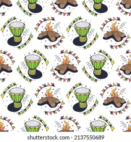 Drums and Bonfires. Seamless pattern on a white background. Cute vector illustration.