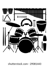 Drums, cymbals, and percussion instruments in vector silhouette