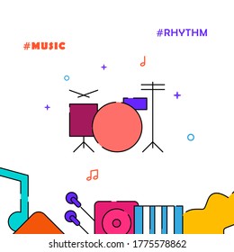 Drums, drum kit, drummer filled line vector icon, simple illustration, related bottom border.