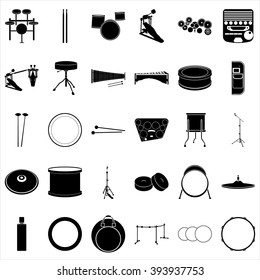 Drums and drummer equipment elements 30 simple icons set