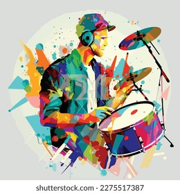 Drums, drummer, man, baseball cap, bright, colorful, music