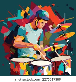 Drums, drummer, man, baseball cap, bright, colorful, music