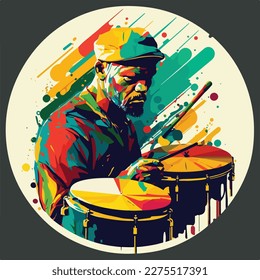 Drums, drummer, man, baseball cap, bright, colorful, music