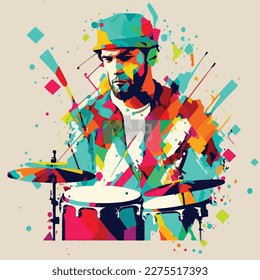 Drums, drummer, man, baseball cap, bright, colorful, music