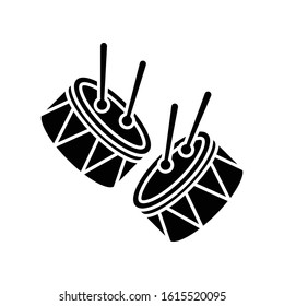 Drums with drumsticks black glyph icon. Musical instrument. Brazilian carnival. Festive parade. Musical movement. National holiday. Silhouette symbol on white space. Vector isolated illustration