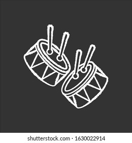 Drums with drumsticks chalk white icon on black background. Musical instrument. Brazilian carnival. Samba. Festive parade. Musical movement. National holiday. Isolated vector chalkboard illustration