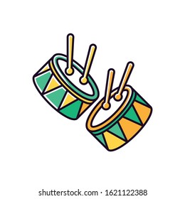 Drums with drumsticks green RGB color icon. Musical instrument. Brazilian carnival. Samba. Festive parade. Musical movement. National holiday. Isolated vector illustration