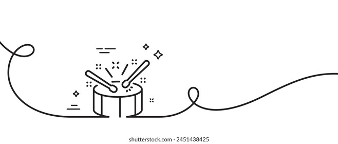 Drums with drumsticks line icon. Continuous one line with curl. Music sign. Musical instrument symbol. Drums single outline ribbon. Loop curve pattern. Vector