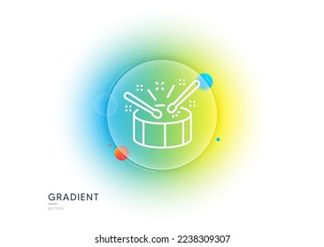 Drums with drumsticks line icon. Gradient blur button with glassmorphism. Music sign. Musical instrument symbol. Transparent glass design. Drums line icon. Vector