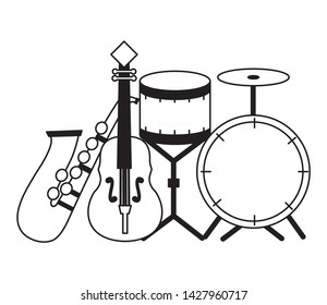drums fiddle and saxophone instrument and equipment festival music vector illustration