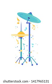 Drums flat vector illustration. Cymbals, hi-hat isolated clip art. Percussion, professional drummer equipment design element. Rhythm musical instrument. Live music show, rock concert, festival