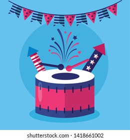 drums and garland american happy independence day vector illustration