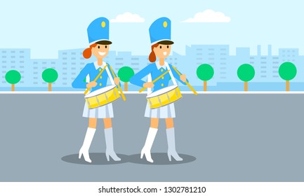 Drums girls parade banner. Flat illustration of drums girls parade vector banner for web design