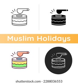 Drums icon. Ramadan music instrument. Waking up all people before dusk to eat food. Special daytime musician. Linear black and RGB color styles. Isolated vector illustrations