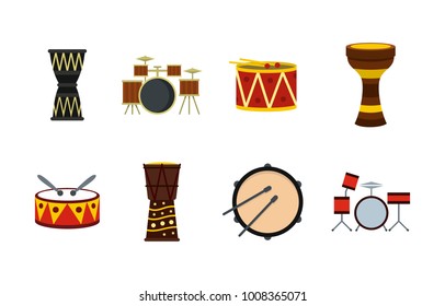 Drums icon set. Flat set of drums vector icons for web design isolated on white background