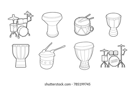 Drums icon set. Outline set of drums vector icons for web design isolated on white background