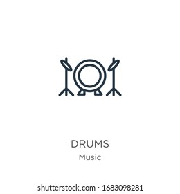 Icono de tambores. Icono de contorno de tambores lineales finos aislado en fondo blanco de la colección de música. Signo vectorial de línea, símbolo para web y móvil
