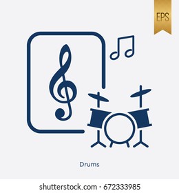 Drums Icon. Treble Clef Music Note. Flat Isolated Instrument