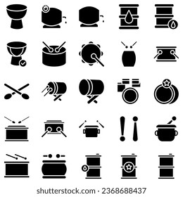 Drums icons set. Elements of drum kit or digital machine samples symbols. Bassdrum, snare, toms, cymbals, hi-hats and other. Editable stroke width.