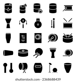 Drums icons set. Elements of drum kit or digital machine samples symbols. Bassdrum, snare, toms, cymbals, hi-hats and other. Editable stroke width.