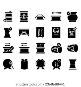 Drums icons set. Elements of drum kit or digital machine samples symbols. Bassdrum, snare, toms, cymbals, hi-hats and other. Editable stroke width.