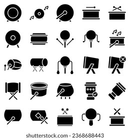Drums icons set. Elements of drum kit or digital machine samples symbols. Bassdrum, snare, toms, cymbals, hi-hats and other. Editable stroke width.