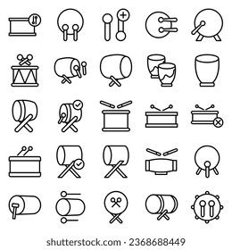 Drums icons set. Elements of drum kit or digital machine samples symbols. Bassdrum, snare, toms, cymbals, hi-hats and other. Editable stroke width.