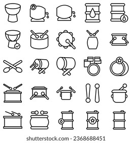 Drums icons set. Elements of drum kit or digital machine samples symbols. Bassdrum, snare, toms, cymbals, hi-hats and other. Editable stroke width.