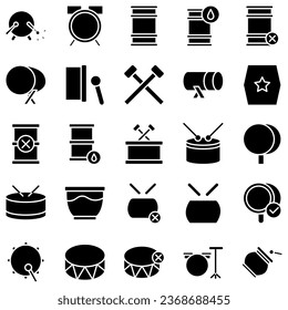 Drums icons set. Elements of drum kit or digital machine samples symbols. Bassdrum, snare, toms, cymbals, hi-hats and other. Editable stroke width.