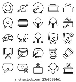 Drums icons set. Elements of drum kit or digital machine samples symbols. Bassdrum, snare, toms, cymbals, hi-hats and other. Editable stroke width.