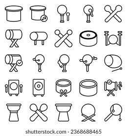Drums icons set. Elements of drum kit or digital machine samples symbols. Bassdrum, snare, toms, cymbals, hi-hats and other. Editable stroke width.