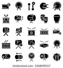 Drums icons set. Elements of drum kit or digital machine samples symbols. Bassdrum, snare, toms, cymbals, hi-hats and other. Editable stroke width.