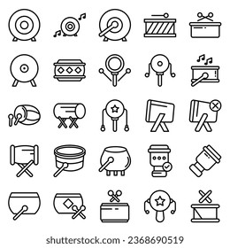 Drums icons set. Elements of drum kit or digital machine samples symbols. Bassdrum, snare, toms, cymbals, hi-hats and other. Editable stroke width.