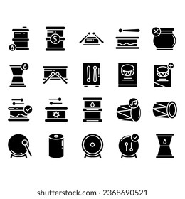 Drums icons set. Elements of drum kit or digital machine samples symbols. Bassdrum, snare, toms, cymbals, hi-hats and other. Editable stroke width.
