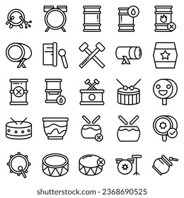 Drums icons set. Elements of drum kit or digital machine samples symbols. Bassdrum, snare, toms, cymbals, hi-hats and other. Editable stroke width.